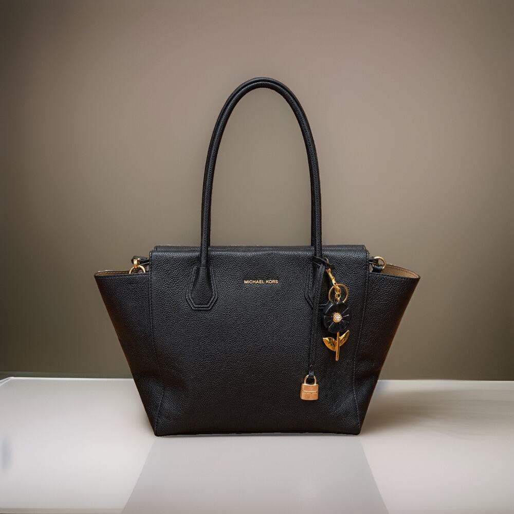 Michael Kors Mercer Black Pebbled Leather Large Tote Satchel Bag Crossbody